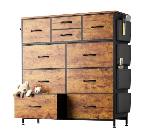 10-Drawer Dresser with Wood Top & Hooks Brown