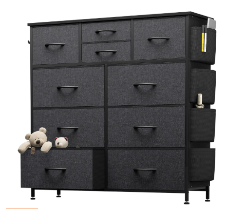 10-Drawer Dresser with Side Pocket & Hooks Gray
