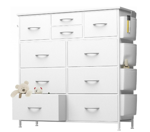 10-Drawer Dresser with Side Pocket & Hooks White