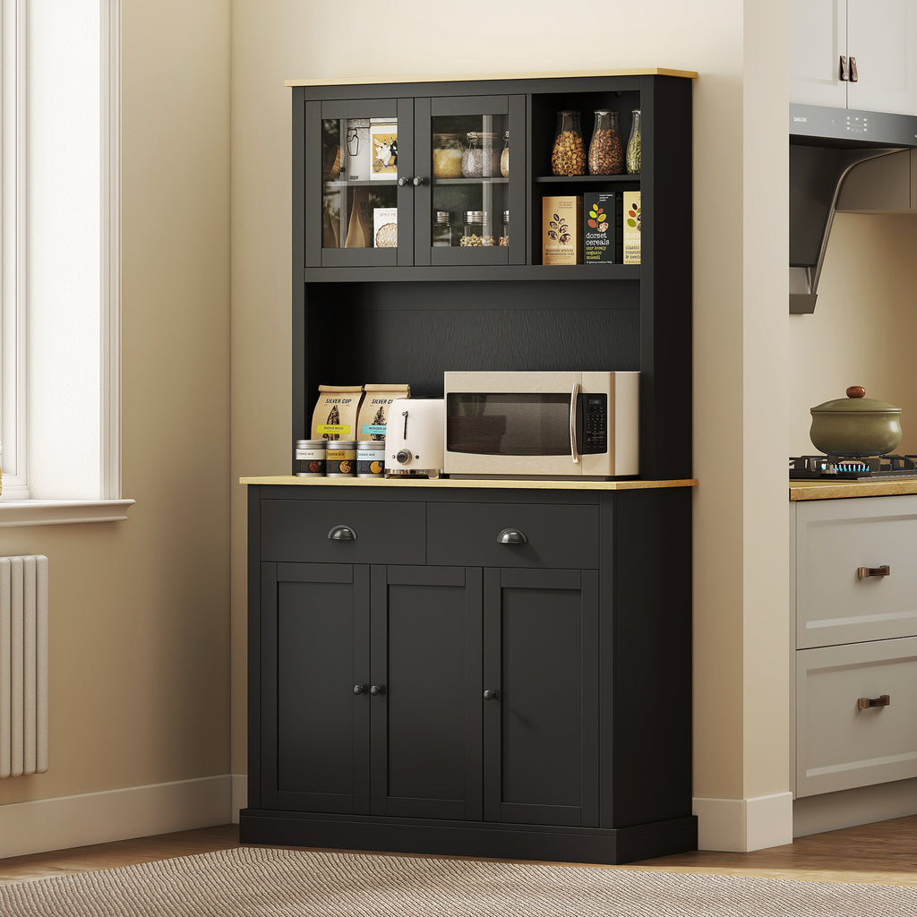 71" Tall Black Kitchen Pantry Cabinet with Countertop