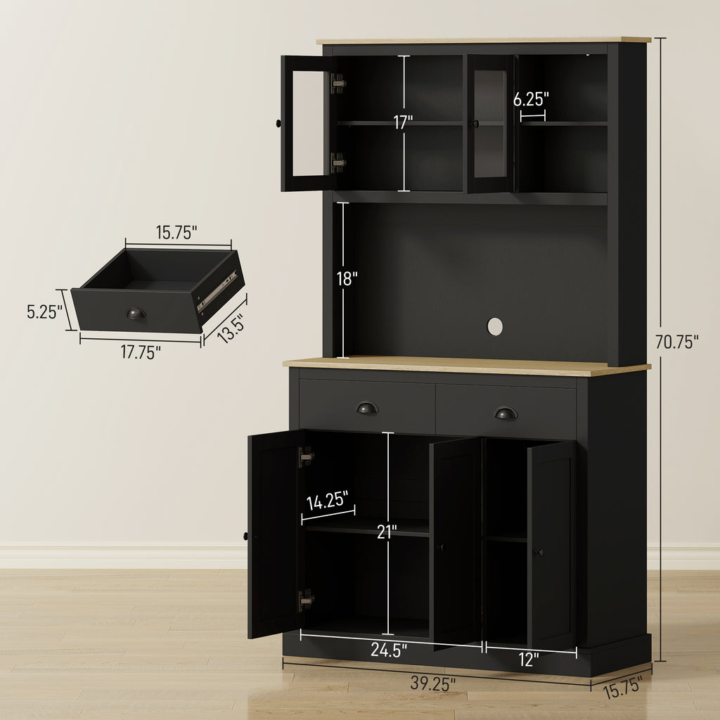 71" Tall Black Kitchen Pantry Cabinet with Countertop