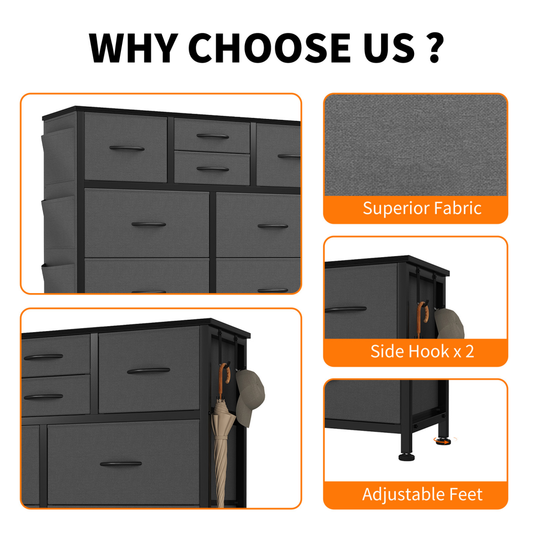 10-Drawer Dresser with Side Pocket & Hooks Gray