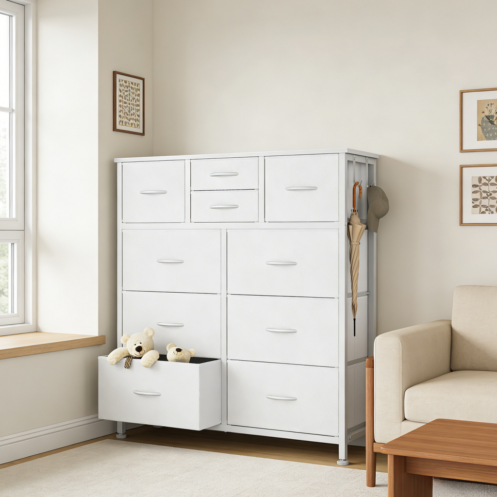 10-Drawer Dresser with Side Pocket & Hooks White