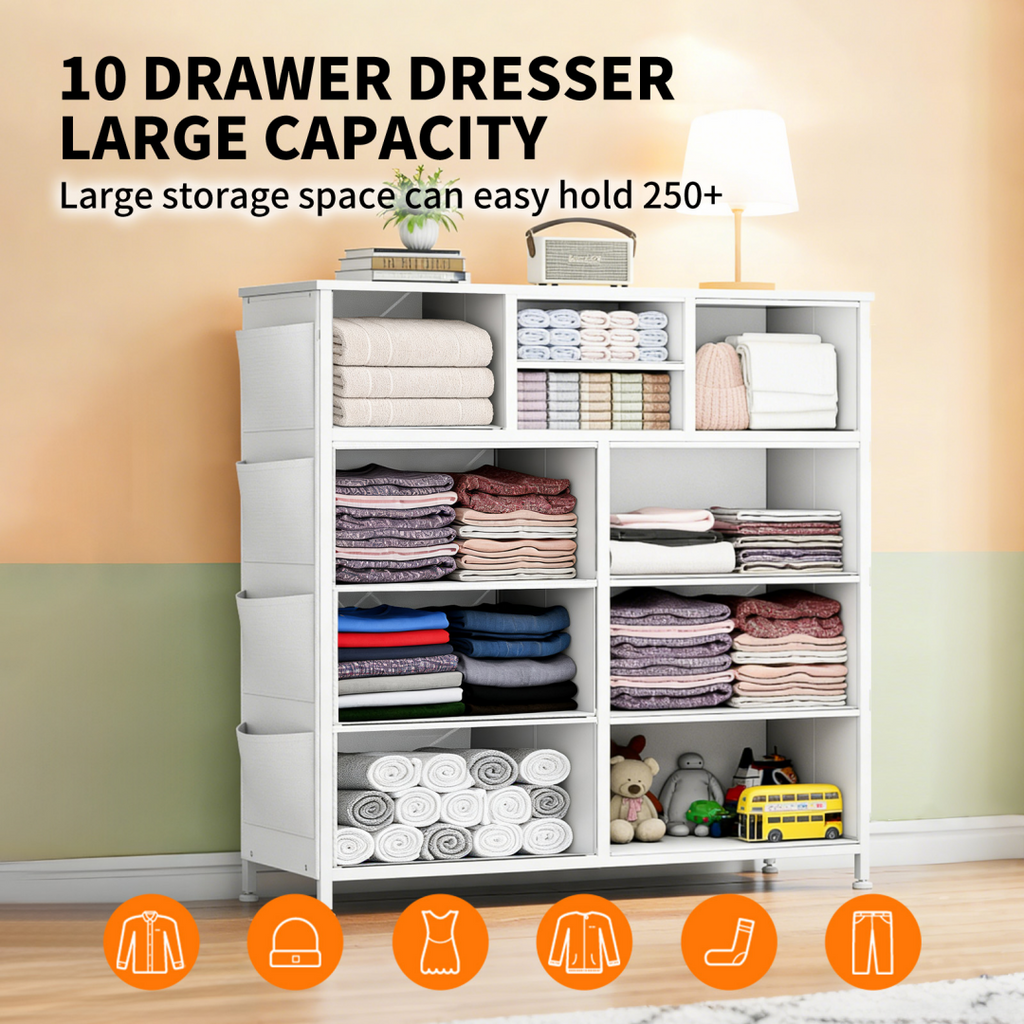 10-Drawer Dresser with Side Pocket & Hooks White