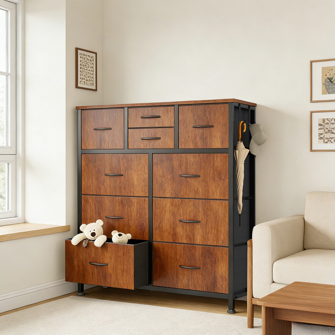 brown fabric dresser DEXYLLO 4-Drawer Fabric Dresser , Sturdy Steel Frame, Wood Top, Easy Pull Handle, Rustic Brown Wood Grain Print