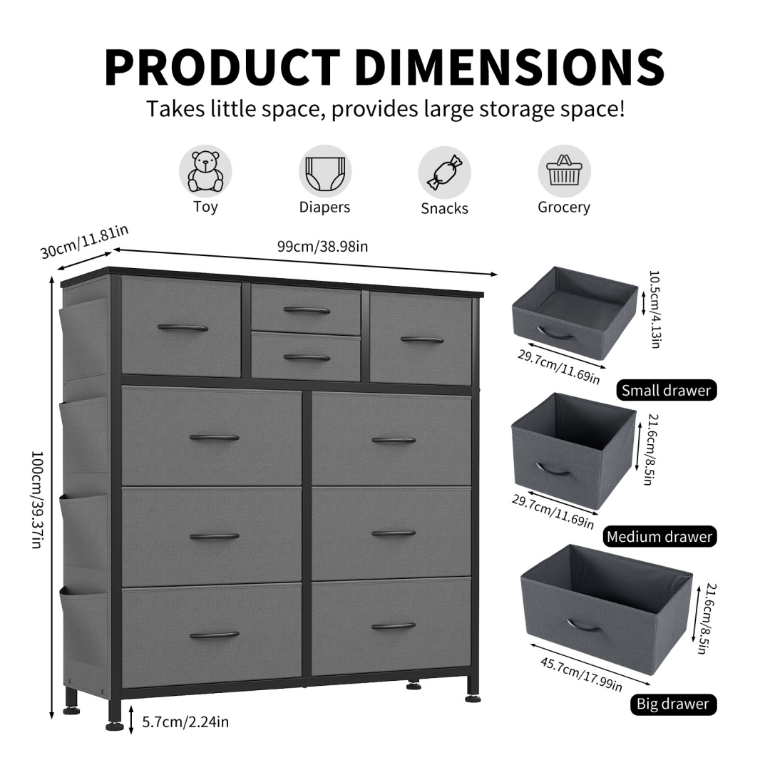 10-Drawer Dresser with Side Pocket & Hooks Gray