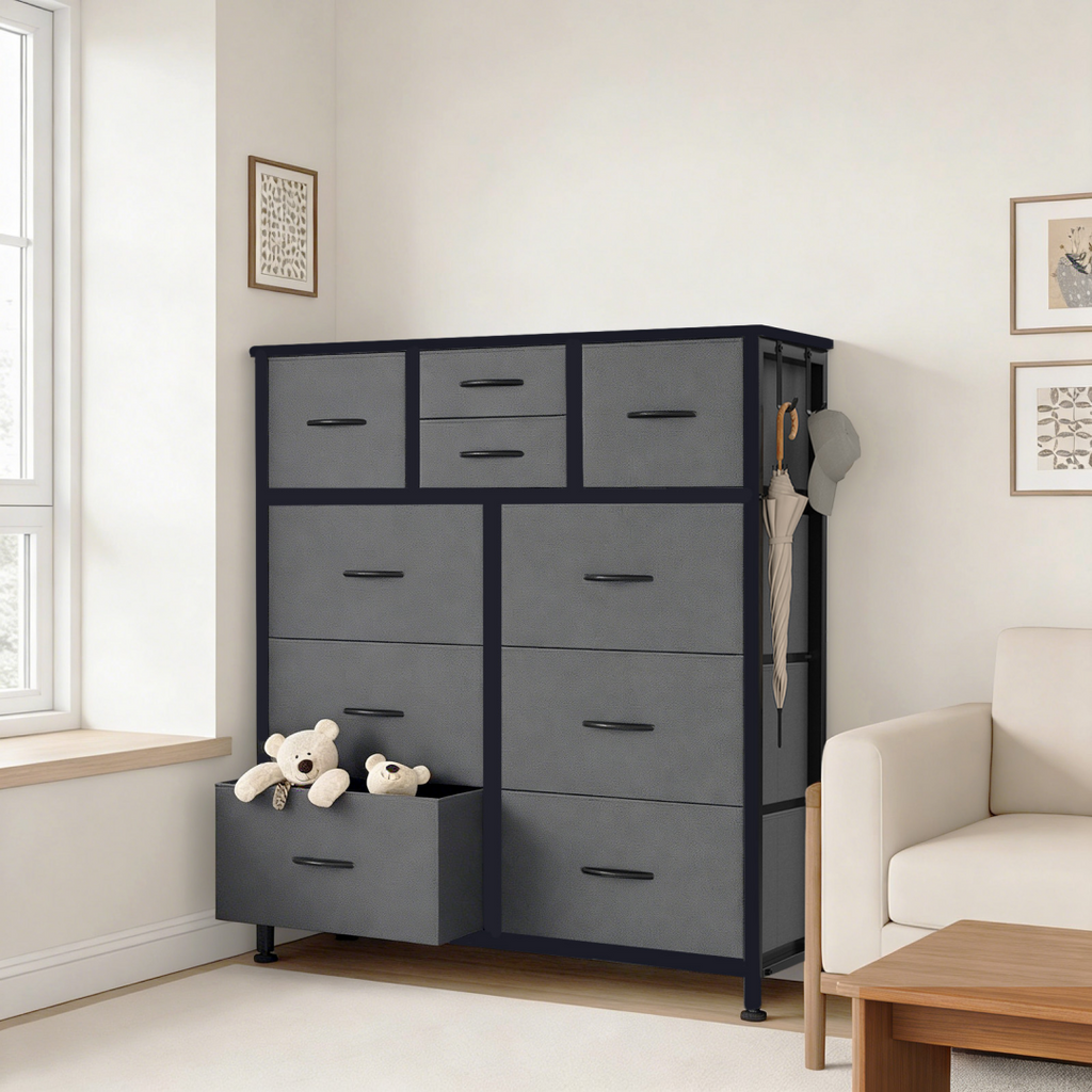 10-Drawer Dresser with Side Pocket & Hooks Gray