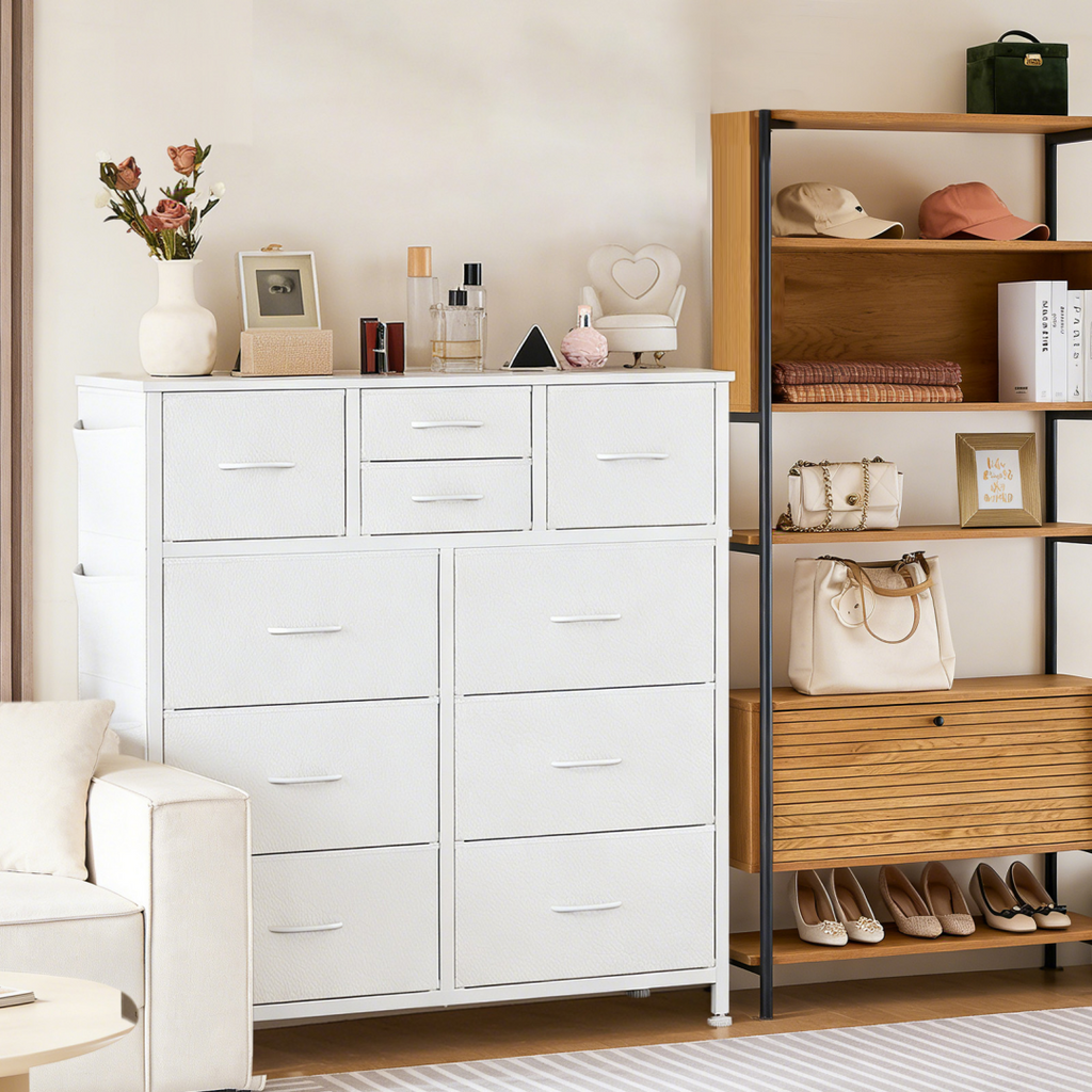 10-Drawer Dresser with Side Pocket & Hooks White
