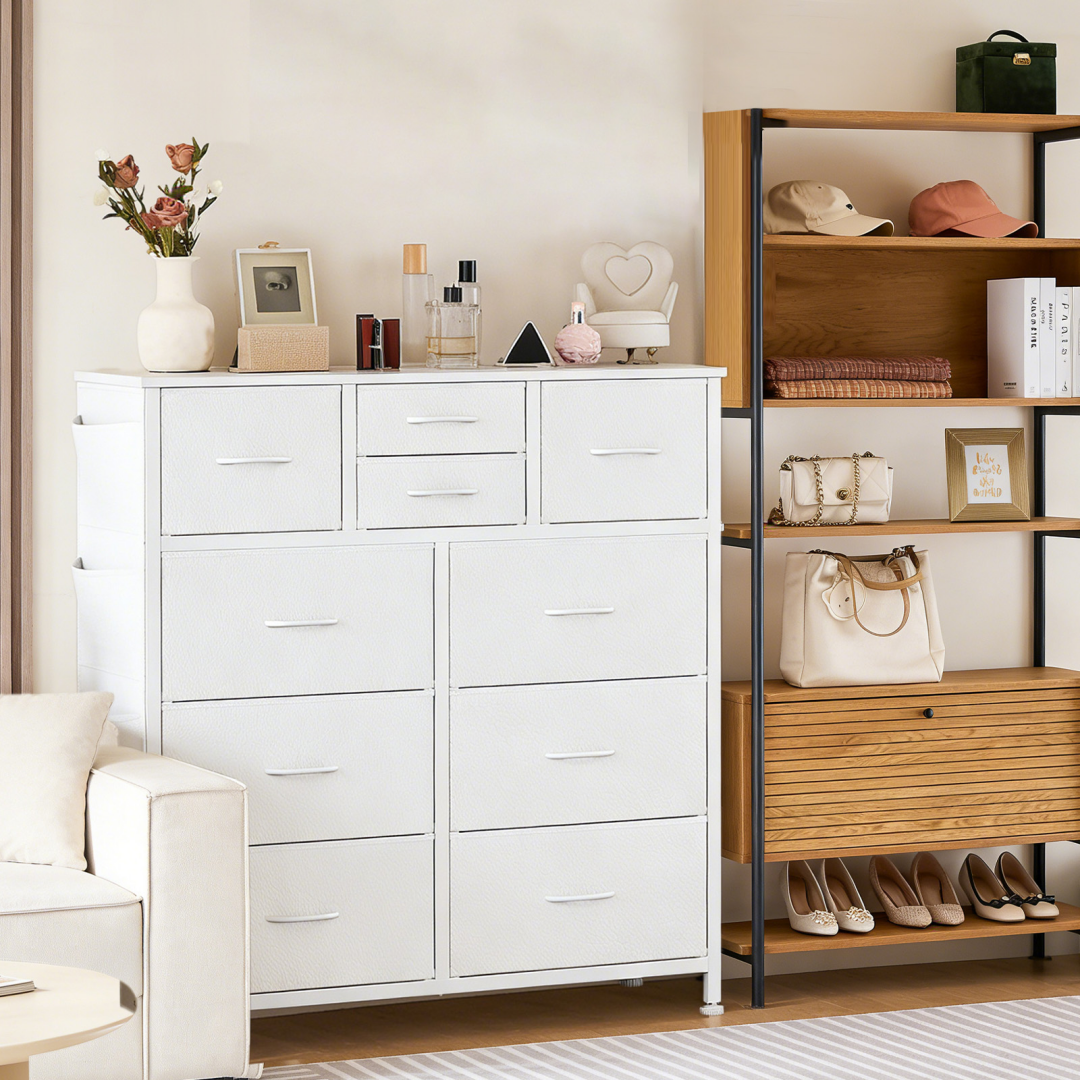 10-Drawer Dresser with Side Pocket & Hooks White
