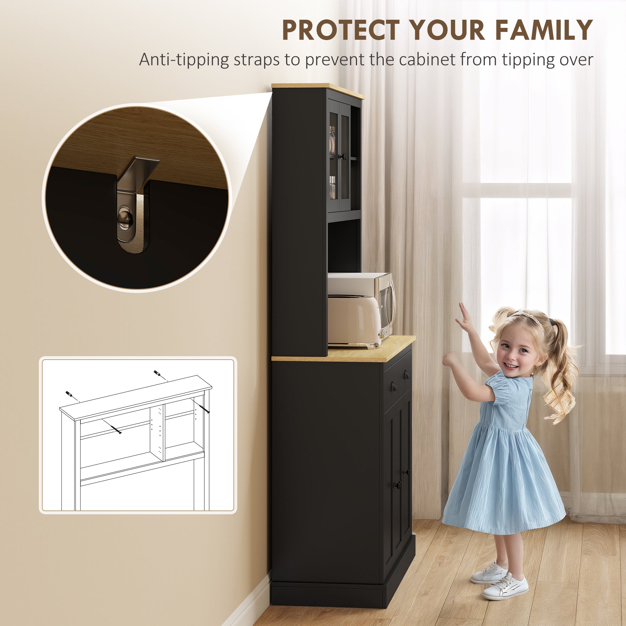 71" Tall Black Kitchen Pantry Cabinet with Countertop