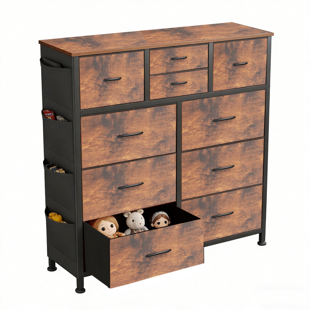 10-Drawer Dresser with Wood Top & Hooks Brown