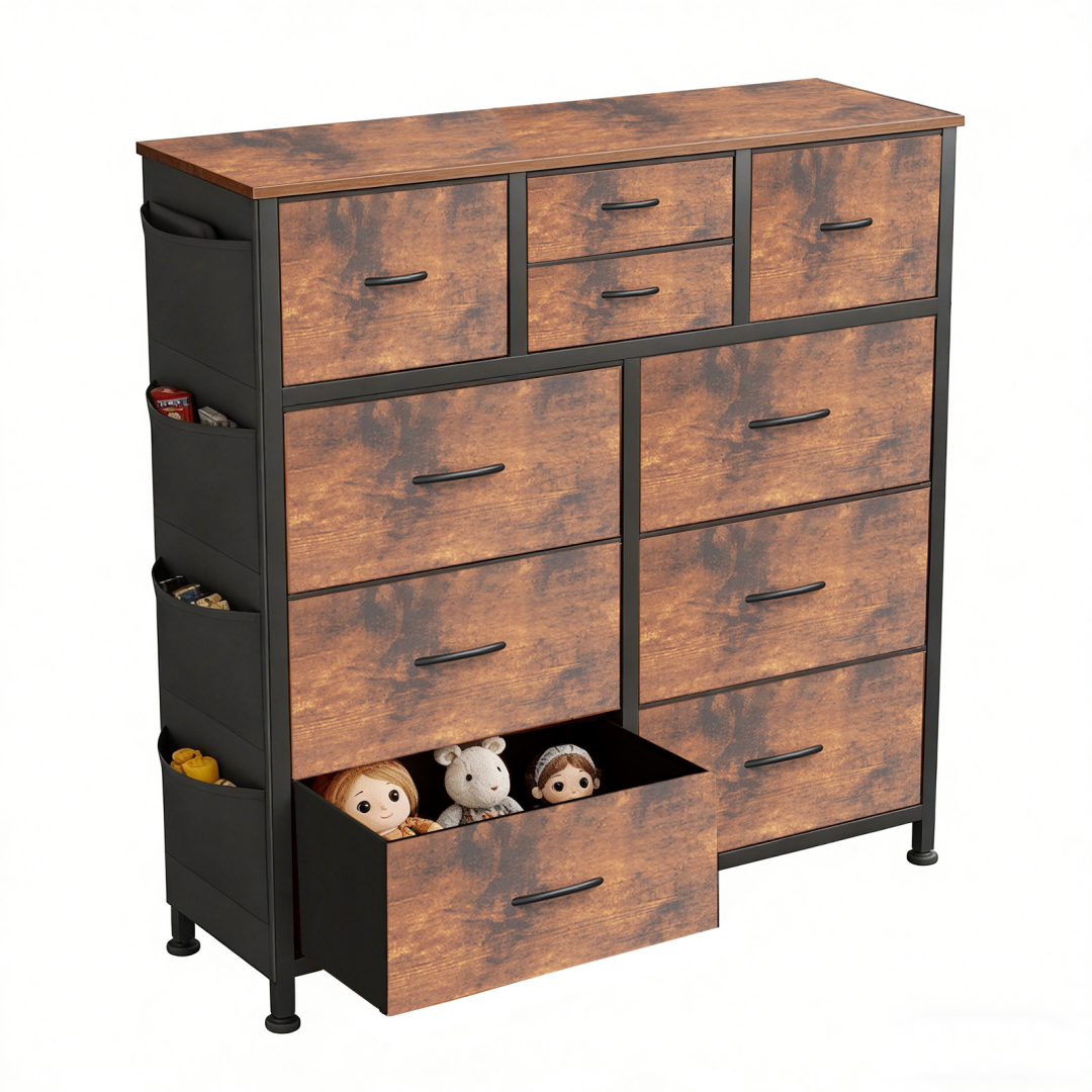 10-Drawer Dresser with Wood Top & Hooks Brown