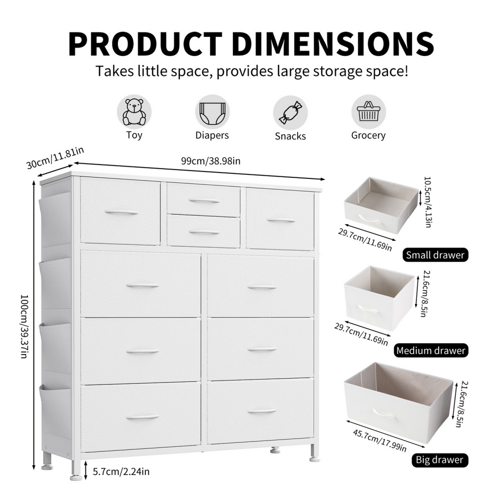 10-Drawer Dresser with Side Pocket & Hooks White