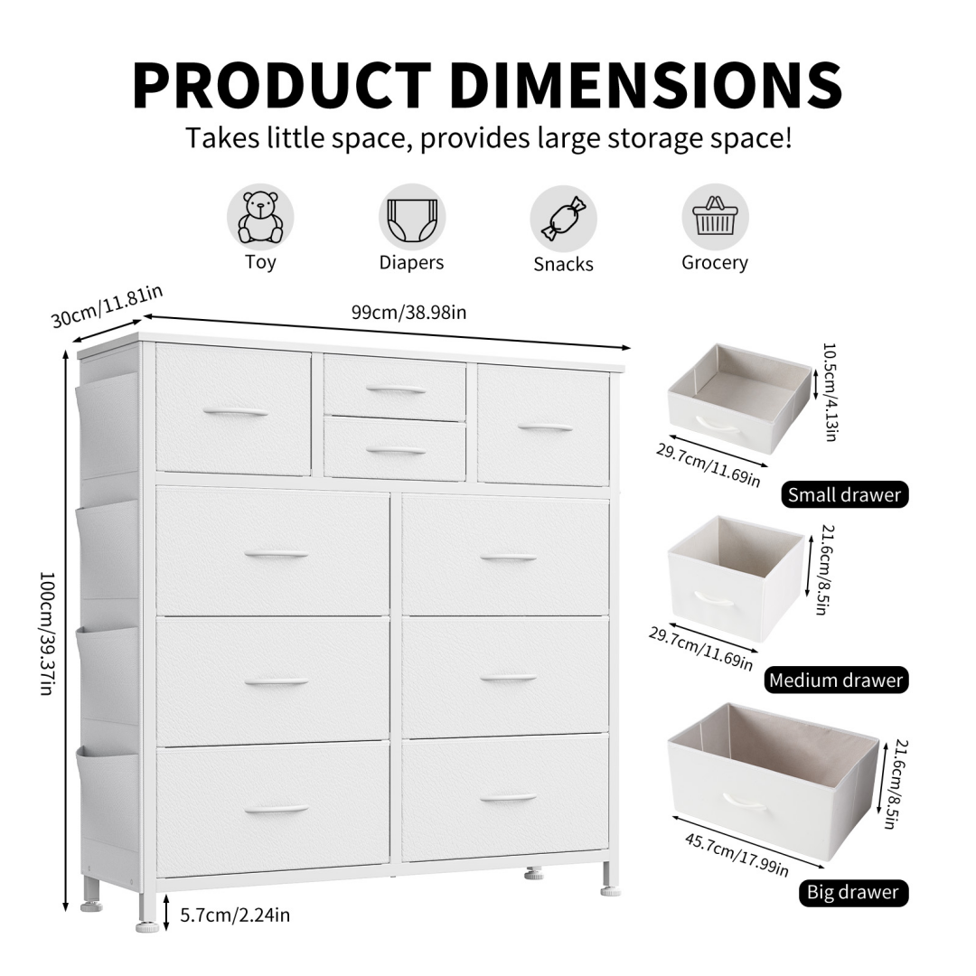 10-Drawer Dresser with Side Pocket & Hooks White