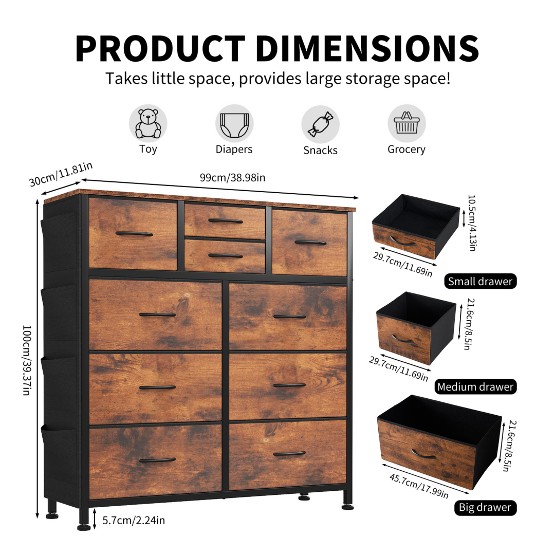 10-Drawer Dresser with Wood Top & Hooks Brown