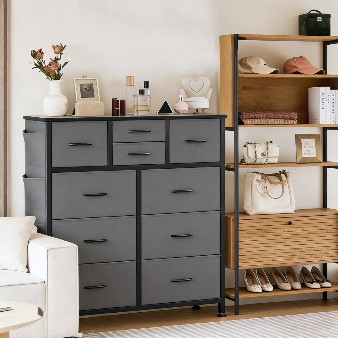 10-Drawer Dresser with Side Pocket & Hooks Gray