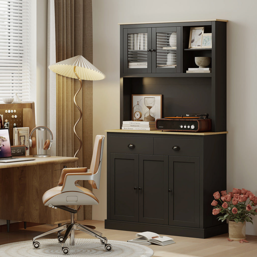 71" Tall Black Kitchen Pantry Cabinet with Countertop