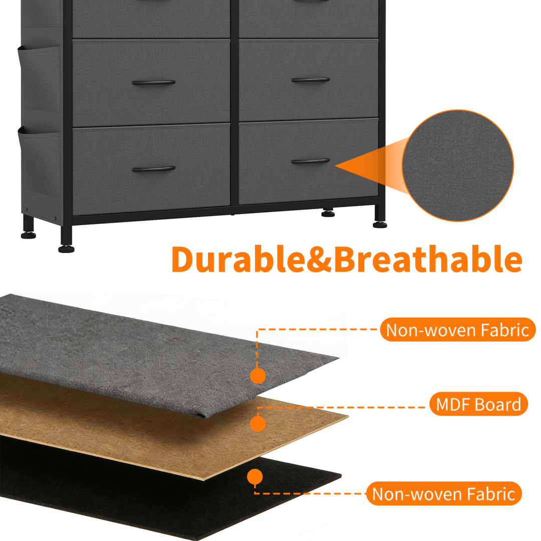 10-Drawer Dresser with Side Pocket & Hooks Gray