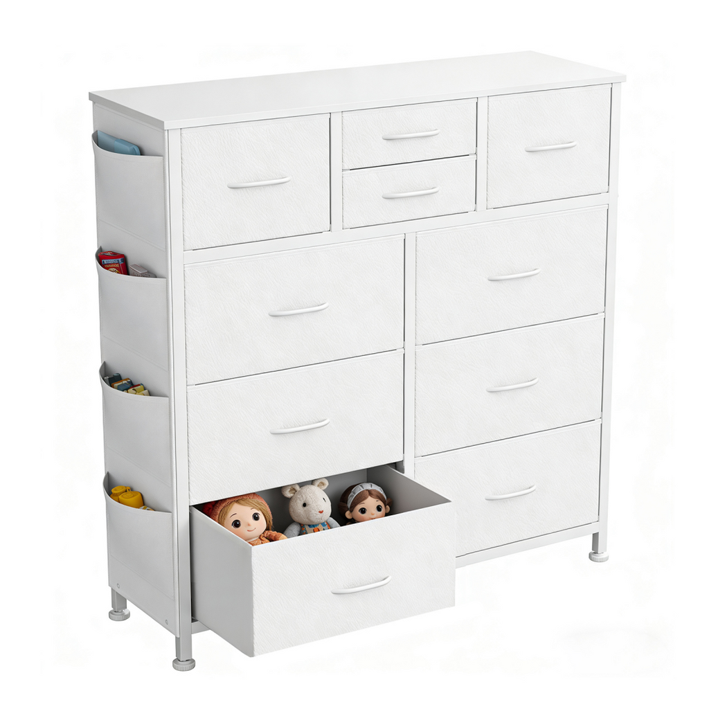 10-Drawer Dresser with Side Pocket & Hooks White