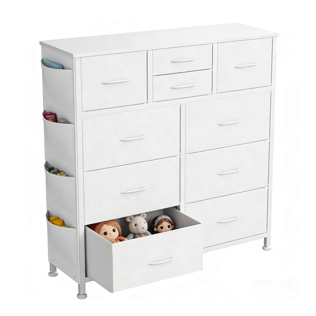 10-Drawer Dresser with Side Pocket & Hooks White