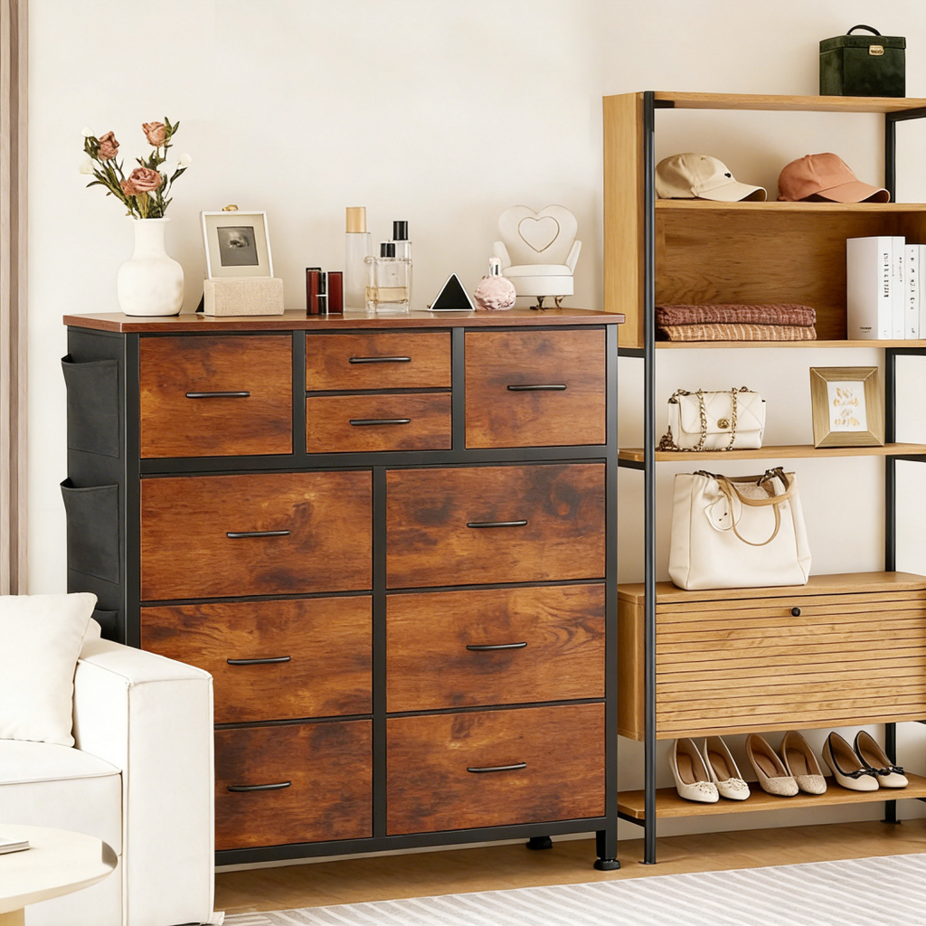 10-Drawer Dresser with Wood Top & Hooks Brown