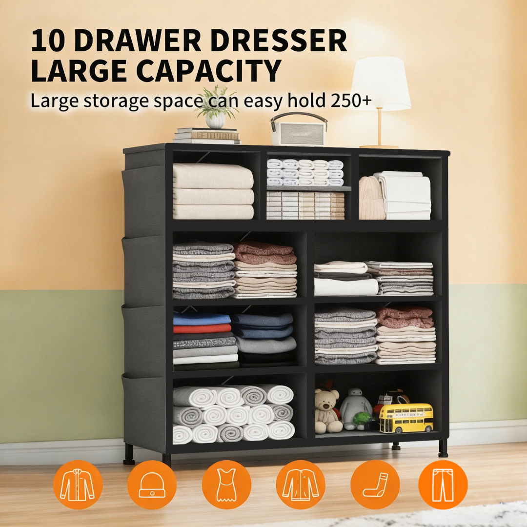 10-Drawer Dresser with Side Pocket & Hooks Gray
