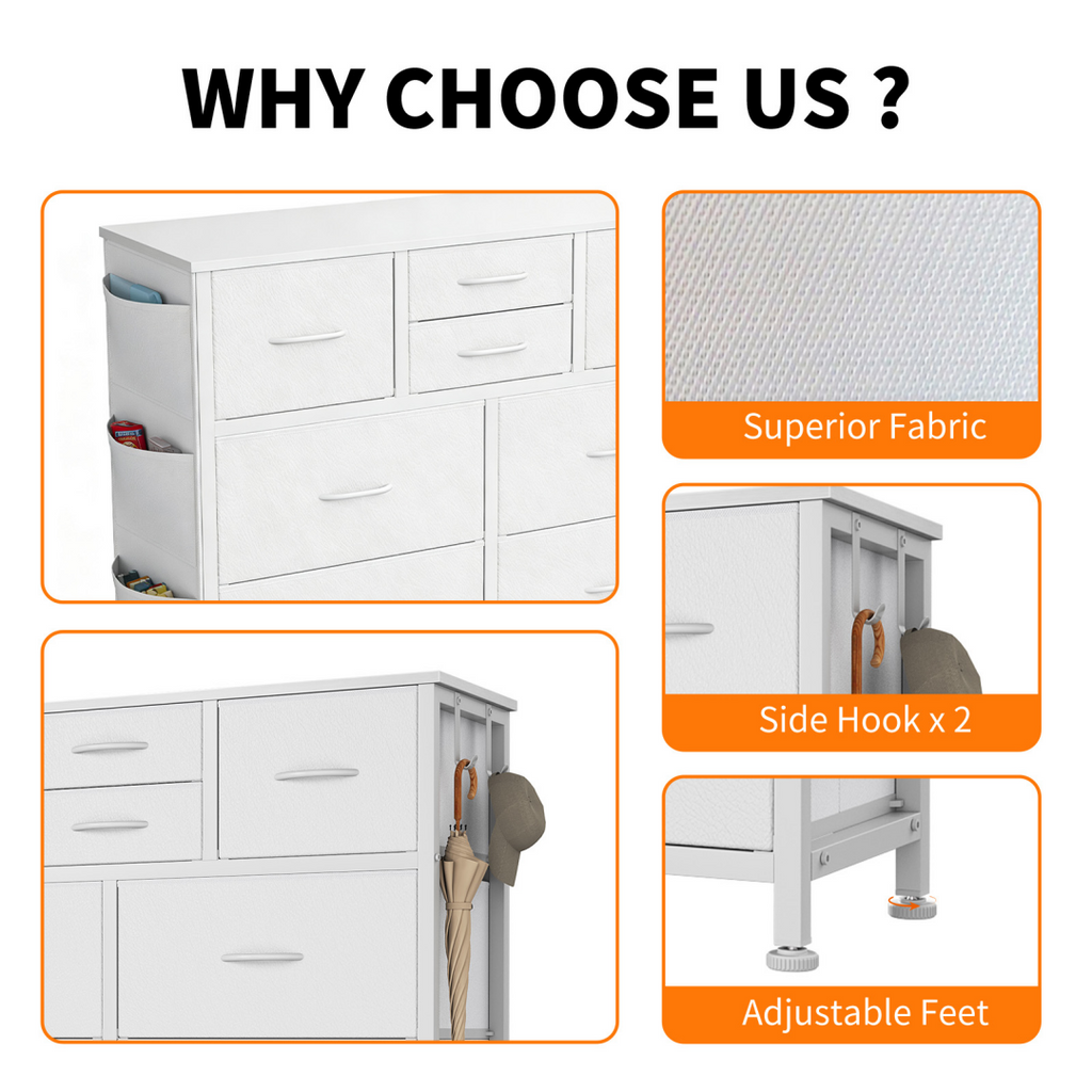 10-Drawer Dresser with Side Pocket & Hooks White