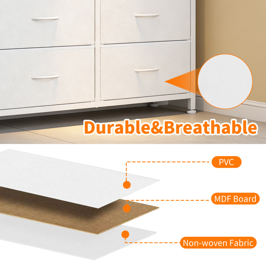 10-Drawer Dresser with Side Pocket & Hooks White