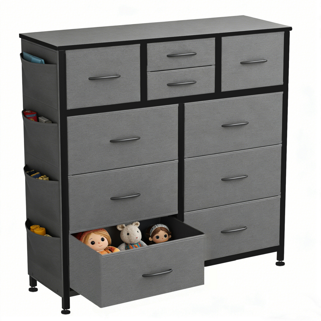 10-Drawer Dresser with Side Pocket & Hooks Gray